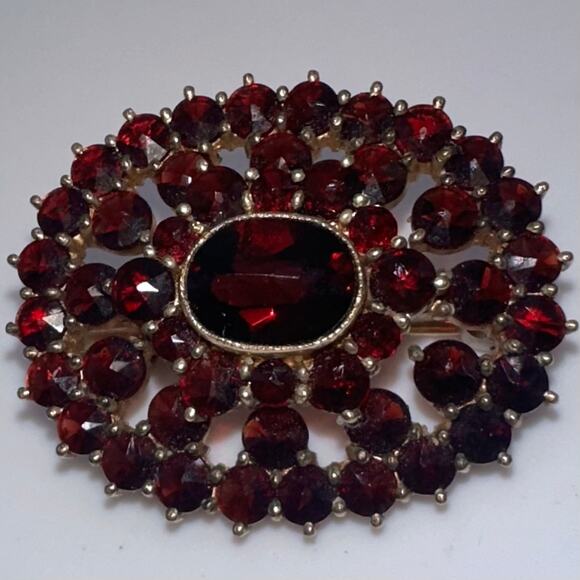 Antique signed solid 9kt gold genuine pyrope bohemian garnets brooch pin 6.39g - Picture 2 of 12